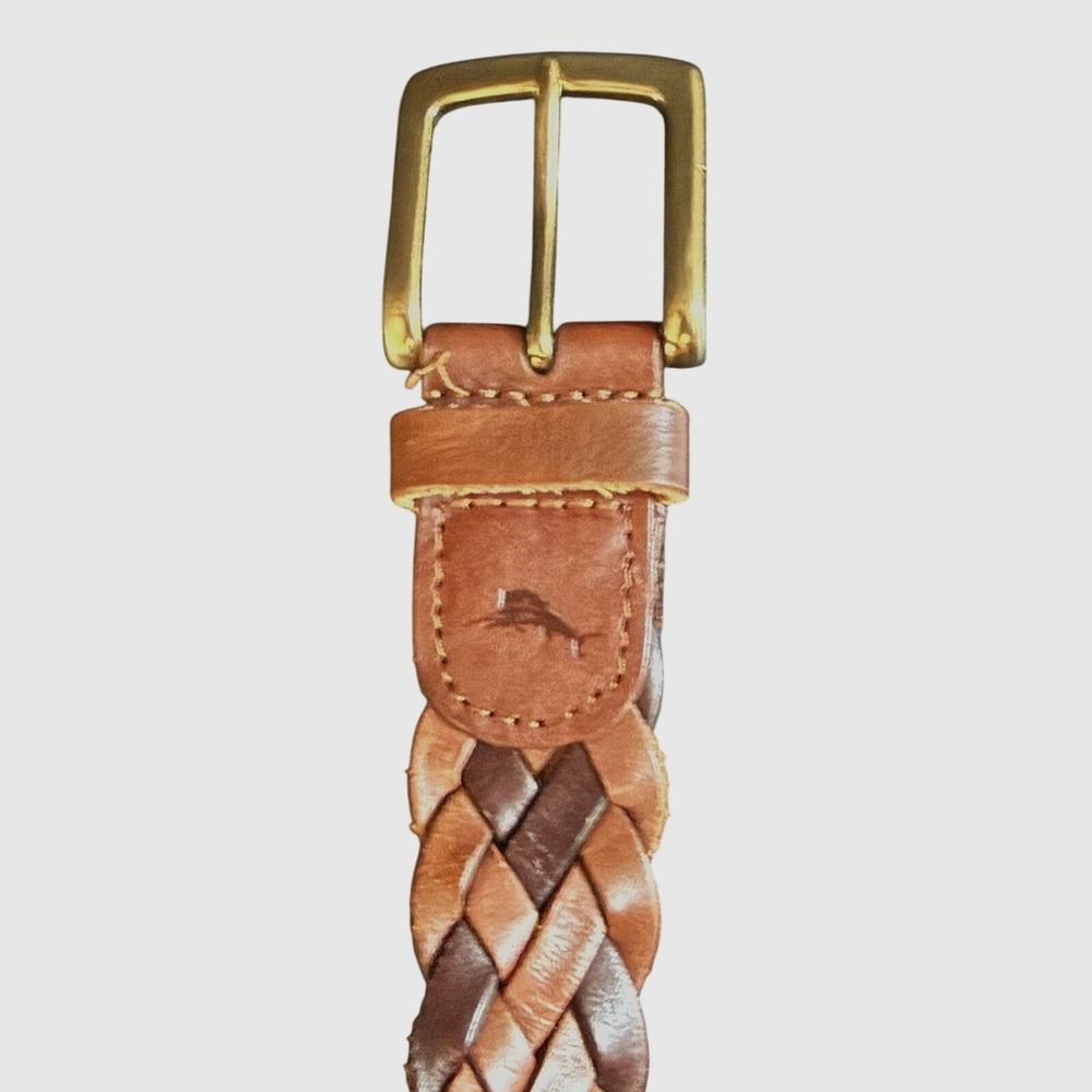 Tommy Bahama Mens Braided Leather Belt Brown Woven 38-40 Brass Buckle Preppy